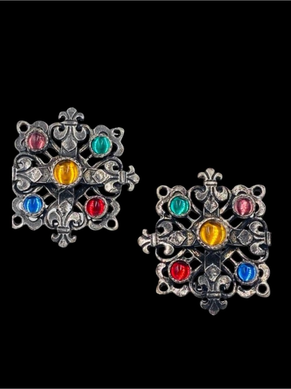 Vintage Jeweled Fleur-de-Lis Pewter Tone Earrings